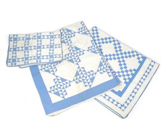 (3pc) ANTIQUE AMERICAN BLUE & WHITE PATTERN QUILTS | Having checkered and triangular patterns - l. 80 x w. 69 in. (largest)
