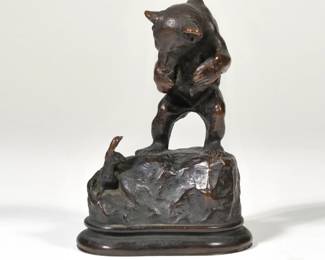 ALEXANDER PHIMISTER PROCTOR (AMERICAN, 1862-1950) | Bear & Rabbit. Bronze. 1894. Signed and dated "A Phimster Proctor 94 / copy RT 95"
 - l. 3.25 x w. 2.5 x h. 4.5 in.
