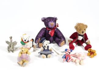 (10pc) STEIFF & OTHER MINIATURE STUFFED ANIMALS | Including: a miniature Steiff purple stuffed bear, a World of Miniature Bears signed bear in clothing, and other miniature stuffed bears and animals - l. 4.5 x w. 3.5 in. (Steiff bear)
