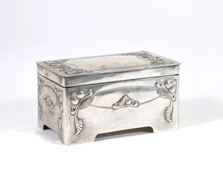 J. BERGER ART NOUVEAU BOX | 800 silver art nouveau trinket box with hinged lid, with makers and fineness mark to underside; 11.2 ozt - l. 5.25 x w. 3.25 x h. 2.75 in.
