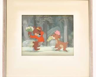DISNEY CEL: FUN AND FANCY FREE (1947) | An original celluloid drawing from the 1947 Walt Disney Production of "Fun and Fancy Free", signed on the mat lower right, with Courvoisier Galleries, San Francisco label on verso; sight 7.25 x 9.25 in.
 - w. 16 x h. 15 in. (frame)