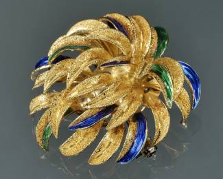 ENAMEL & 18K GOLD PIN | Italian, designed as textured gold leaves with gold and blue enamel, marked "750 / ITALY"; 1.25 in, 12.6g
