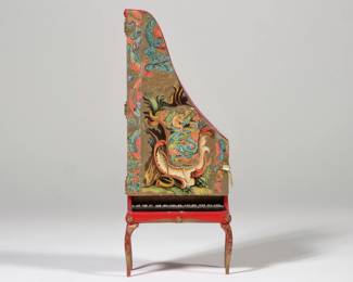 DOLLHOUSE MINIATURE SIGNED HARPSICHORD "DAVEY JONE" | Dollhouse miniature vertical harpsichord, hand painted and with papier mache, with nylong strings behind a hinged door; signed on verso "Davey Jone" and dated 1981 - w. 3.25 x h. 8.25 in.