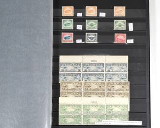 UNITED STATES AIRPOST STAMPS | An album containing early American stamps from the 1920s with early Scott numbers, including Scott #C1, C3, C4, C5, and C6, a sheet of six of each of Scott #C7, C8, and C9; sheets of four of Scott #C10, C11, C16, C17, C19, a single #C18 stamp, sheets of C20, C21, and C22, a sheet of ten C23 stamps, and a number of misc. stamps  - l. 9 x h. 12 in. (album)