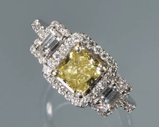 SQUARE CUT FANCY YELLOW DIAMOND RING 
