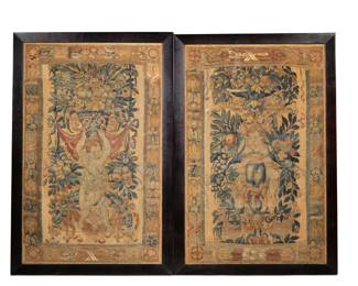 17th/18th C. VERDURE NEEDLEPOINT TAPESTRY PANELS | Showing cupids surrounded by flowers framed under glass. h. 31.75 x 20 in. (panels wrapped over wood supports) overall: h. 34 x 22.5 in. (ea. frame)
