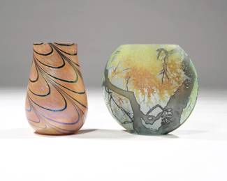 (2pc) ART GLASS VASES | Including an ovoid vase with tree decoration and another blown vase with swirled pattern - l. 8 x w. 3.5 x h. 7 in. (Ovoid vase)
