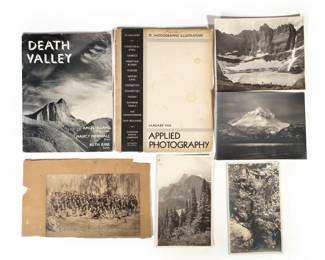 (7pc) PHOTOGRAPHY GROUP | Including a Civil War era photograph of uniform soldiers, four silver gelatin prints of Glacier National Park, three with Scenic America Company Studio stamp on verso, one without stamps on Agfa-Brovira paper; Death Valley map and guide with photographs by Ansel Adams, 1954; and a January 1935 issue of Applied Photography, pub. Eastman Kodak Company, Rochester, NY.
