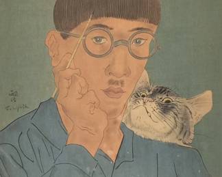 LEONARD TSUGUHARU FOUJITA (JAPANESE/FRENCH, 1886-1968) | Self-portrait with a cat. Color woodcut. h. 14 x 10.5 in. sight. With printed signature - w. 17 x h. 20.25 in. (frame)
