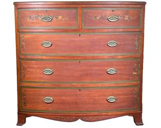 HAYDEN COMPANY PAINTED BOW FRONT CHEST OF DRAWERS | Early 20th century, having two drawers over three full-width drawers, green painted borders and floral decoration - l. 43 x w. 21 x h. 40.75 in.