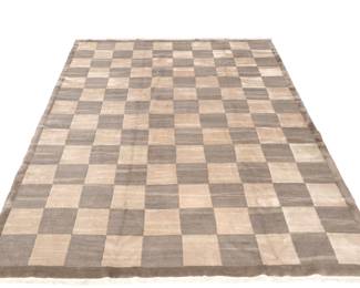 CONTEMPORARY MID-CENTURY CHECKERBOARD PATTERN RUG | Having a high pile with alternating gray and beige squares, - l. 166 x w. 119 in.