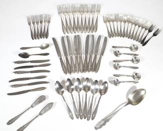 (62pc) BRUCKMANN & SOHNE FLATWARE SERVICE | German 800 silver lunch / dessert partial flatware service, comprising: 10 lunch or dessert forks, 14 small cake forks, 6 cocktail forks, 6 spoons, 6 small dessert spoons, 2 coffee spoons, 6 silver handled butter spreaders, 9 silver handled lunch knives, 2 butter servers, and a large serving spoon; total weighable silver 52.39 ozt