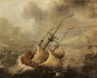 PIETER de MOLYN (Dutch, 1595-1661) | Sailboat on stormy seas. Oil on board. h. 9 x 11.5 in., board - w. 18 x h. 15.5 in. (Frame)
