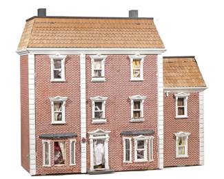 FRENCH CHATEAU ELECTRIFIED DOLLHOUSE | Four stories with four openings, having a total of 13 rooms, outer "brick" fa?ade with stonework corners, straight mansard roof with both sections lifting to reveal interior rooms - l. 45 x w. 15 x h. 37 in.