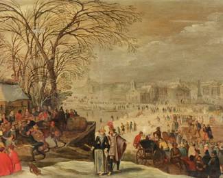 HENDRICK AVERCAMP (1585-1634) | Winter village scene. Oil on board. 18 x 30.5 in., braced board - w. 38 x h. 25 in.