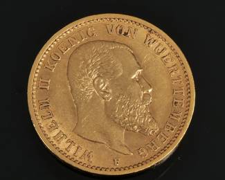 1905 WILHELM KOENIG VON WUERTTEMBERG 20 MARK GOLD COIN | 7.9g - dia. 7/8 in.