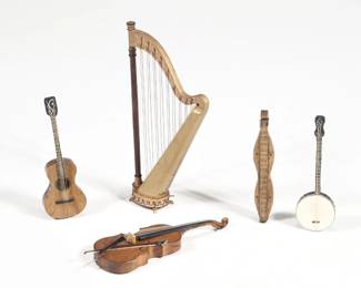 (5pc) HAROLD / POLLIE SIMPSON MINIATURE INSTRUMENTS | Dollhouse miniature instruments, including a gilt and painted harp with strings, signed "Harold / P Simpson" and dated 1980 on the bottom; plus four string instruments each signed "Harold" and dated 1978-1979, including a guitar, banjo, and cello
 - l. 2.5 x h. 5 in. (harp)
