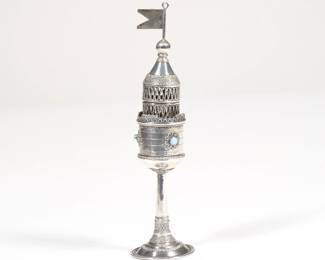 CONTINENTAL SILVER SPICE TOWER  | With turquoise cabochons, marked on the base; 1.99 ozt - h. 6.75 in.