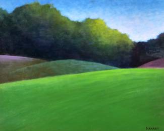 JOAN DIAMANT (AMERICAN, 1924-2015) | Green Hill. Oil on canvas. 16 x 20 in. Signed lower left, signed and titled on verso, in a contemporary gilt frame - l. 26 x h. 22 in. (frame)
