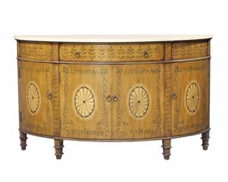 PAINT DECORATED DEMILUNE CABINET | Having single drawer over 4 cabinet doors painted with linenfold devices - l. 60 x w. 18 x h. 35.5 in.