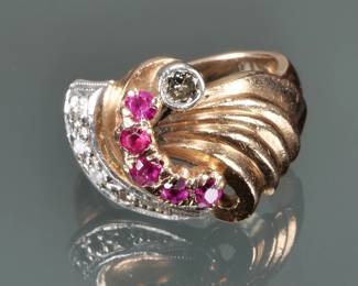 DIAMOND, RUBY, & 14K GOLD RING | Five rubies and five diamonds set in 14k yellow gold, with fineness mark inside the band; size 3.5, 7.0g
