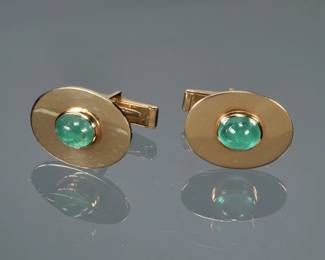 MEN'S EMERALD CABOCHON & 14K GOLD CUFFLINKS | Designed as a central oval cabochon emerald (8.5 x 7 x 8mm, each), set in a 14k polished yellow gold conforming surround; 1 inch, 13.7g; marked "14k"
