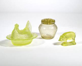 (3pc) FIGURAL VASELINE GLASS | Included a moulded Vaseline glass pig, a bud vase, and a chicken-form covered dish.