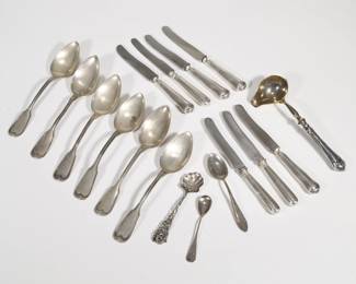 MISC. CONTINENTAL SILVER FLATWARE | Including a set of six "800" silver tablespoons,  three "800" demitasse spoons, and 800 silver sauce ladle with art nouveau handle, and a set of seven 800 silver-handled knives; total weighable silver 12.9 ozt.