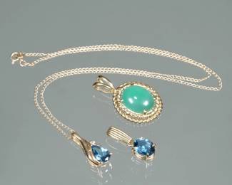 (3pc) GEMSTONE & 14K GOLD PENDANTS | Including a green cabochon chalcedony pendant in a (tested to) 14k gold wire work surround (1.25 in., 5.2g); a blue sapphire in 14k gold (sapphire 9mm long); and a blue pear shape sapphire mounted in 14k gold with a melee diamond, suspended from a fine link chain (16 in.), total weight 9.4g.
