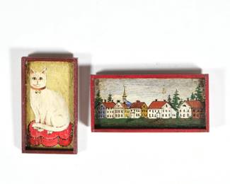 (2pc) GEORGE SCHLOSSER MINIATURE PAINTINGS | Two miniature folk art paintings, including a village townscape (overall 2-1/2 x 1-1/8 in.) and a portrait of a white cat on a red cushion (overall 2 x 1-1/8 in.), each signed with initials GFS lower right and signed on verso, in red painted frames
