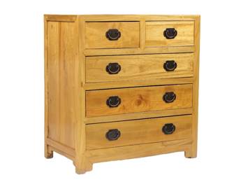 CAMPHORWOOD CHINESE STYLE CHEST OF DRAWERS | Having two drawers over 3 full drawers, brass pulls, dovetailing and mortise and tenon joinery - l. 34 x w. 19 x h. 36 in.
