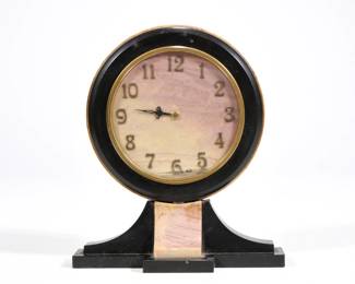 TURLER ZURICH ART DECO DESK CLOCK | Swiss Art Deco clock with pink marble, in a fitted Turler Zurich presentation box - l. 5.75 x h. 6.75 in. (clock)
