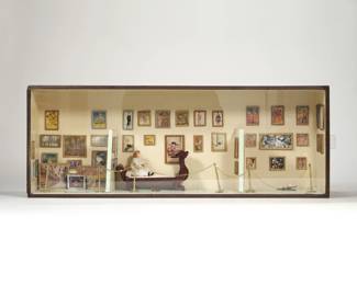 DOLLHOUSE MUSEUM DIORAMA | With framed miniature reproductions of famous artworks across genres - l. 28.75 x w. 6.75 x h. 10.75 in. (display case).