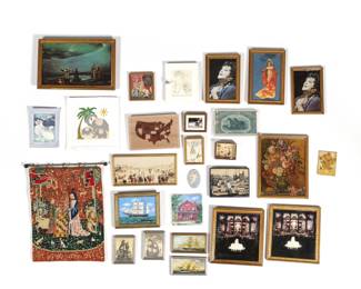 DOLLHOUSE FRAMED ART | Dollhouse miniature framed art, most are reproductions, including a needlepoint tapestry on a brass hanging rod - l. 5.5 x w. 4.25 in. (tapestry)