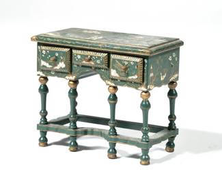 NATASHA MINIATURE SIDE TABLE | Dollhouse miniature furniture: three drawer painted side table in a Japonaise or Chinese taste, signed and dated 1980 - w. 3 x h. 2.5 in.