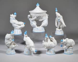 ANDREA SPADINI (ITALIAN, 1912-1983) CIRCUS BEARS | Depicting sculpted white bears balancing blue glazed balls in various positions, plus one lidded tureen mounting two standing bears.

