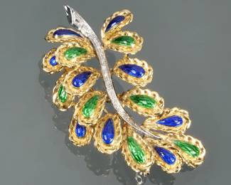 LOUIS J. MEYER ENAMELED DIAMOND & 18K GOLD BROOCH | Designed as 18k yellow gold teardrop-form leaves with convex guilloche enamel, the leaves alternating in green and blue, mounted to a diamond set white gold stem; Marked "750" and with an M within a circle. Total weight 21.6g - l. 2.25 in.
