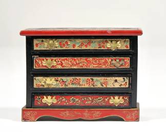 NATASHA MINIATURE CHEST OF DRAWERS | Dollhouse miniature Chinoiserie style chest of drawers, signed and dated 1980 on verso - l. 3.75 x h. 2.75 in.