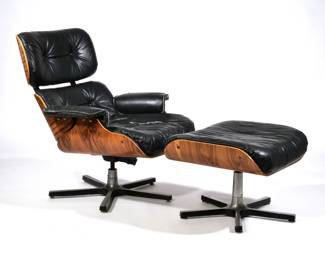AFTER EAMES LOUNGE CHAIR | The chair and ottoman with five-legged bases, with "Northfield metal products" label on base; Canadian made.