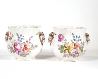 RAMSHEAD-MOUNTED PORCELAIN CACHE POTS | Hand painted with flowers and with Ramshead mounts, with indistinct blue underglaze mark on bottoms - w. 6.5 x h. 5 in.

