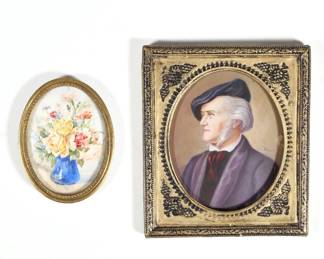 (2pc) ANTIQUE MINIATURE PAINTINGS | Including a miniature portrait painting on bone(?) of Richard Wagner, signed on the right side and inscribed on verso, "Hiermann" (?) (sight 2-5/8 x 2-1/8 in., frame 3-1/2 x 3 in.) and a miniature floral still life painting in tondo set in a brass frame (overall 2-1/4 x 1-3/4 in.)