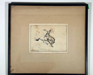HENRY ZIEGLER (AMERICAN, 1889-1968) | Cowboy
Etching. Sight 5.5 x 7.5 in. Pencil signed lower margin
Framed without glass - w. 15 x h. 13.5 in. (frame)
