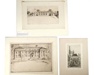 (3pc) ERNEST DAVID ROTH & OTHER ETCHINGS | Including: ERNEST DAVID ROTH (1879-1964) The Fleischmann Laboratories (sheet 13 x 17.75 in.); FRANKLIN FIELD University of Pennsylvania, 1929, ed. of 100, pencil signed and dated lower margin; and an artist's proof etching titled "Bucaco" and pencil signed B. H. Heckman; each matted, unframed
 - w. 20 x h. 16.25 in. (largest mat)