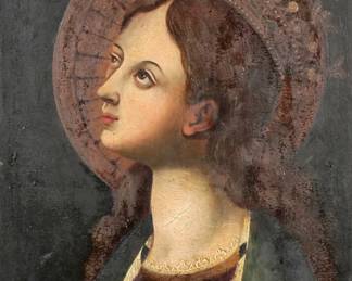17TH C. CONTINENTAL SCHOOL PORTRAIT OF MARY | Mary wearing a Crown. Oil on panel
h. 16 x w. 12.75 - w. 16.5 x h. 19.5 in. (frame)
