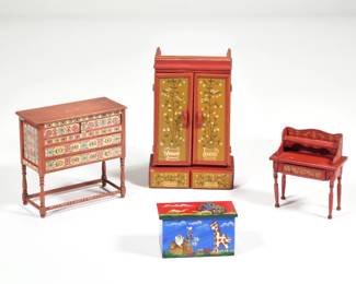 (4pc) PAINTED MINIATURE FURNITURE | Including two pieces signed "J.H. Chase / Wallingford VT / 76 / B. McKenna": a red wardrobe dresser and a similar style Chinoiserie writing desk with hutch; plus a child's toy chest painted with Noah's arc motif signed Linda Sue, and an unsigned painted and paper mache tall chest [top surface separated, adhered with tack]
 - l. 3.75 x w. 2 x h. 6 in. (largest)