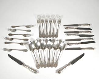 (18pc) GERMAN SILVER FLATWARE | German 800 silver flatware, including 6 Carl Frey & Sohne dinner forks, 6 similar lunch forks marked "ABERRE", and 6 matching table spoons (only one marked, "ABERRE"); total weighable silver 30.7 ozt.