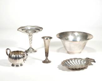 (5pc) STERLING SILVER BOWLS & VASES | Including a sterling silver bowl (dia. 9.25 in.), a Marshall Field & Co. sterling silver shell rim bowl, a double handled open sugar pot, a small bud vase (h. 5.75 in.), and a weighted compote with twisted column and reticulated rim (dia. 6.5 in.), each with fineness mark; total weighable silver 32.7 ozt - l. 13.5 in. (largest)
