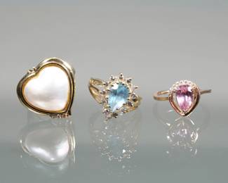 (3pc) SEMI PRECIOUS GEMSTONE & 14K GOLD RINGS | Including; a pear modified cut blue quartz or aquamarine ring with melee diamonds (size 5.25, 4.4g); A pear modified cut pink gemstone (probably tourmaline) in a 14k rose gold surround and ring (size 5.5, 2.6g); plus a heart-shaped pearl in a heart shaped 14k gold setting with melee diamonds (size 5, 6.5g)

