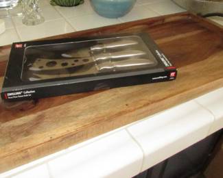 Large wood serving tray and cheese knives
