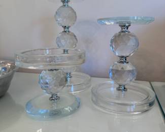 Faceted crystal ball pedestal candle holders